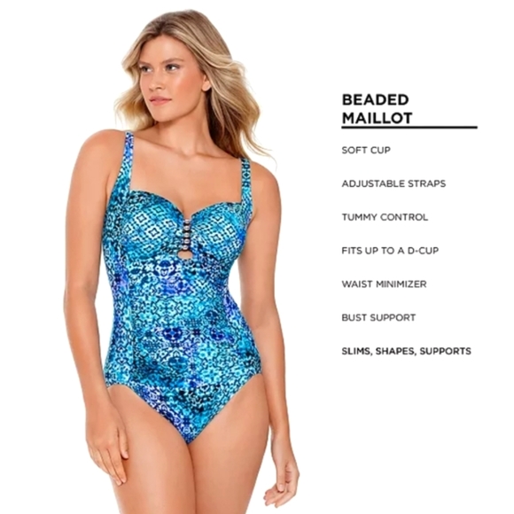 Swim Solutions Blue Santorini Printed Strappy Front One-Piece Swimsuit Size 8 - Picture 3 of 9